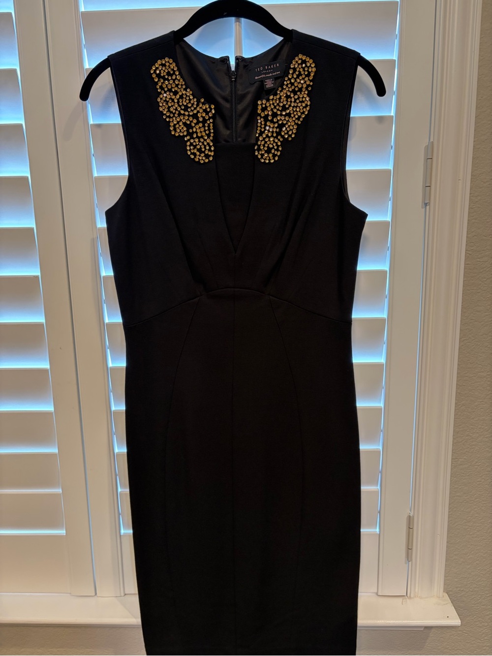 Ted Baker London Black Midi Dress with Gold Beaded Collar